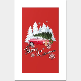 Traditional Old Fashioned Farmhouse Christmas Design: Vintage Car Hauling Tree in Snow Merry Christmas Posters and Art